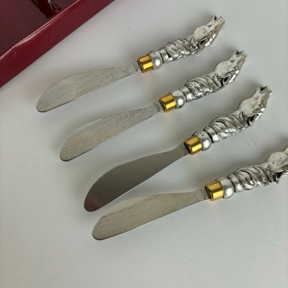 Vintage Horse Head Cheese Spreader Knives/Arthur Court Flatware Box-Set of 4